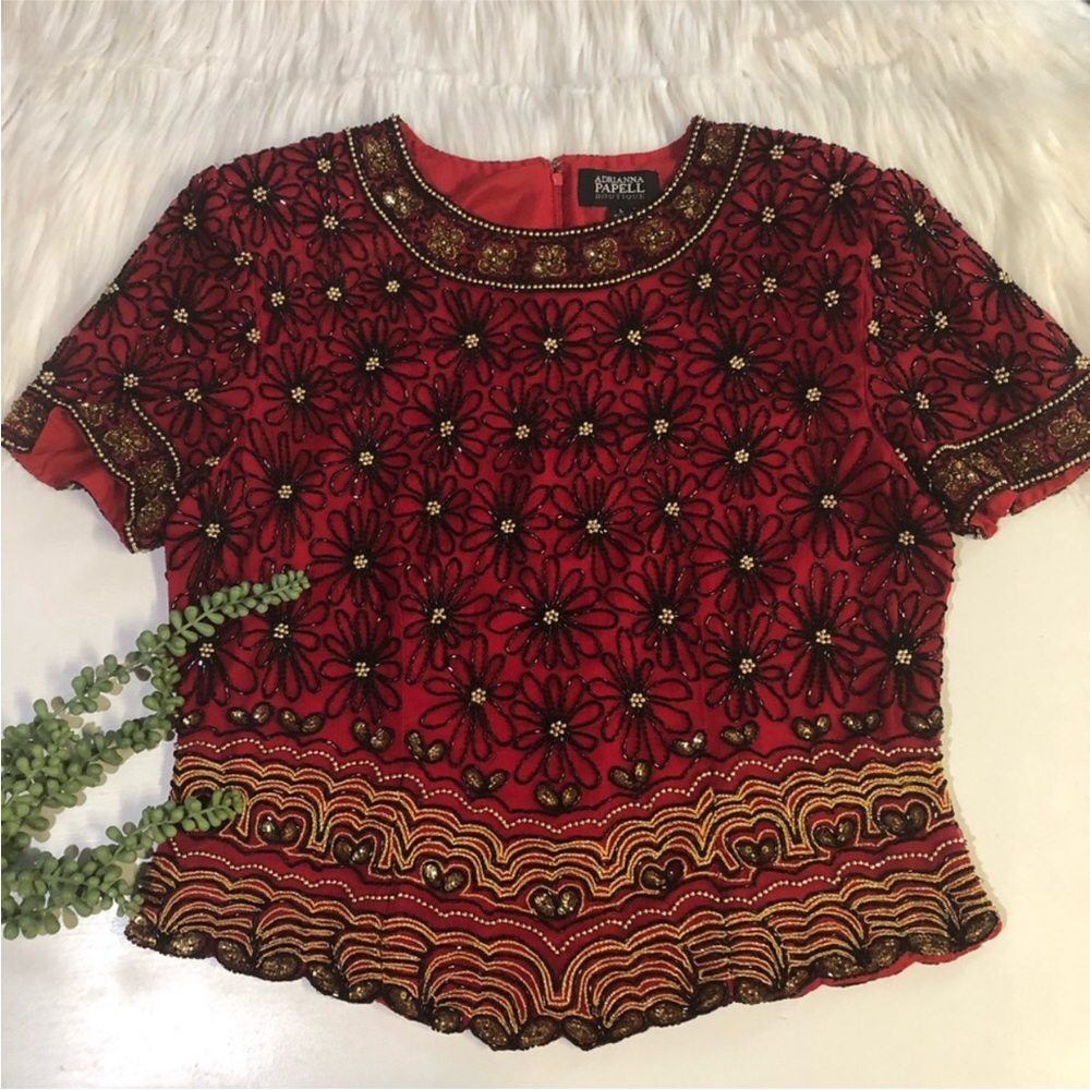 Adrianna Papell Boutique Red Silk Beaded Blouse | Size Large